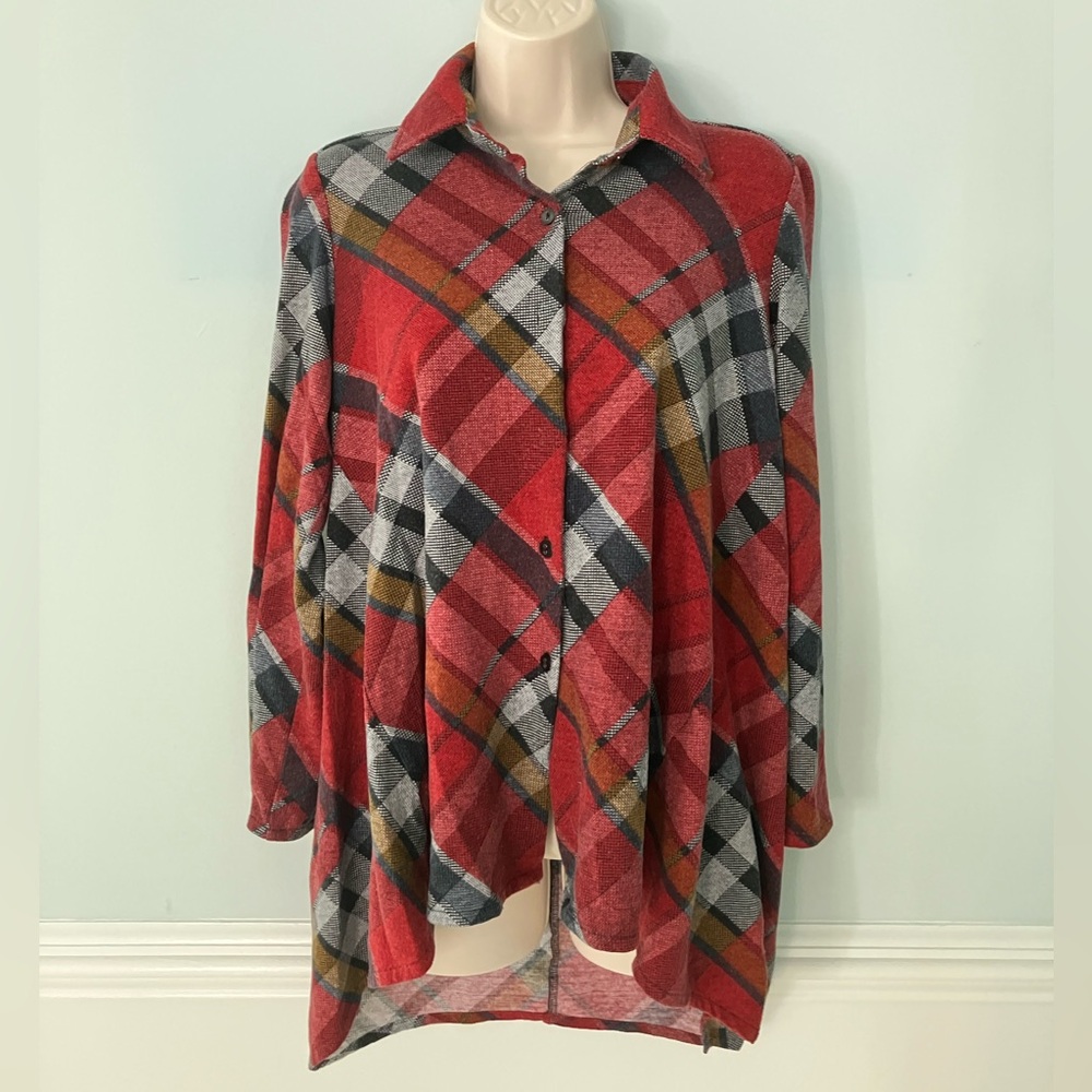 Joseph Ribkoff plaid tunic top high low button down roll tab sleeve collar 8